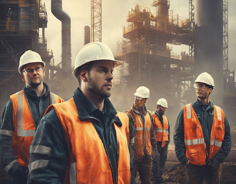 Группа рабочих в защитных шлемах на промышленном объекте