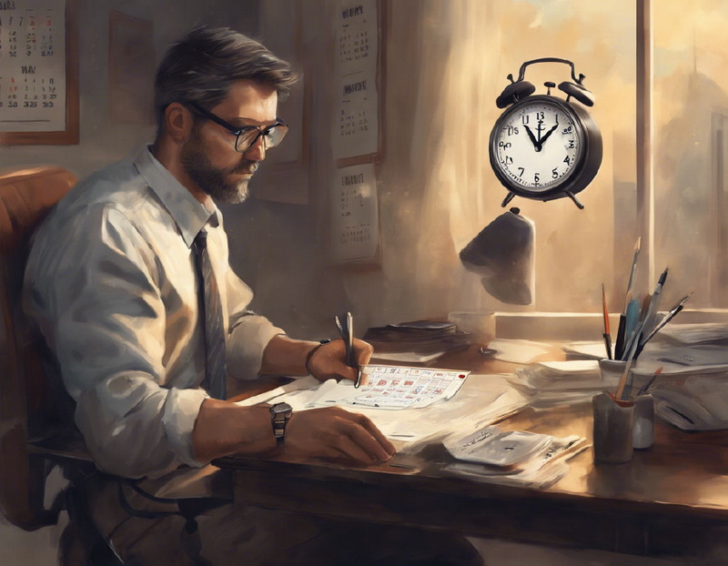 Человек сидит за столом с календарем и часами, символизирующими баланс между работой и личной жизнью