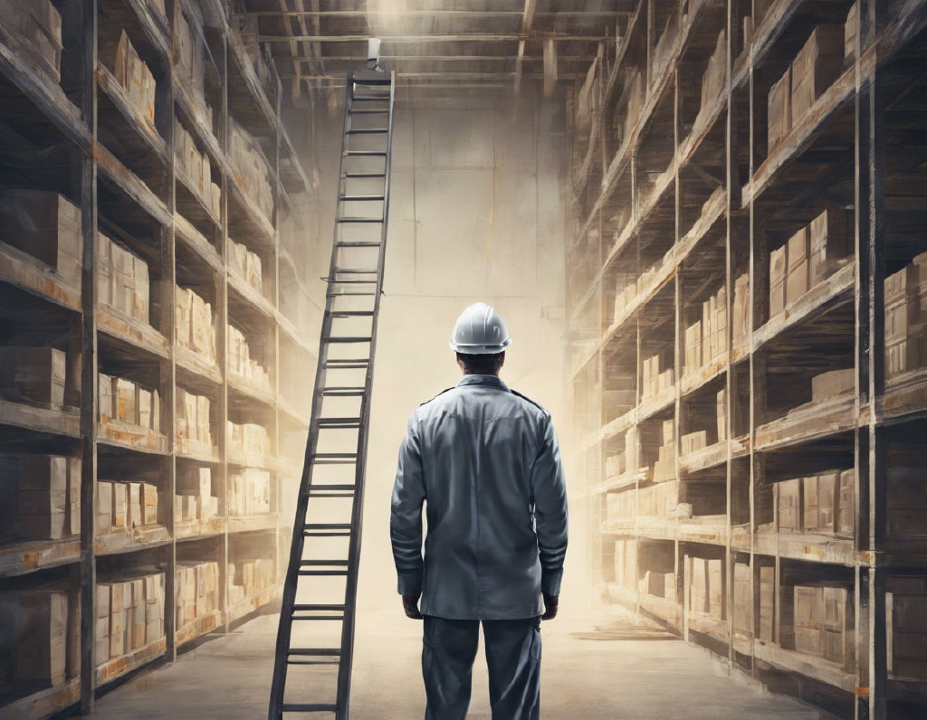 Мужчина в форме складского работника смотрит на карьерную лестницу, нарисованную на стене