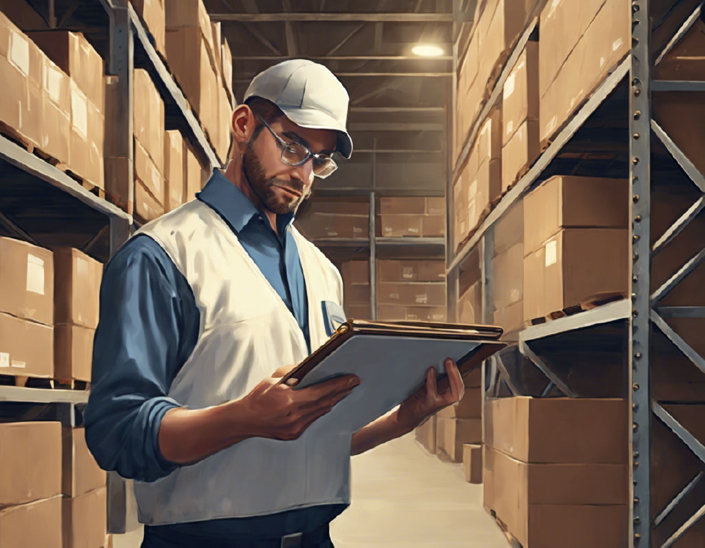 Мужчина в форме складского работника с клипбордом проверяет коробки