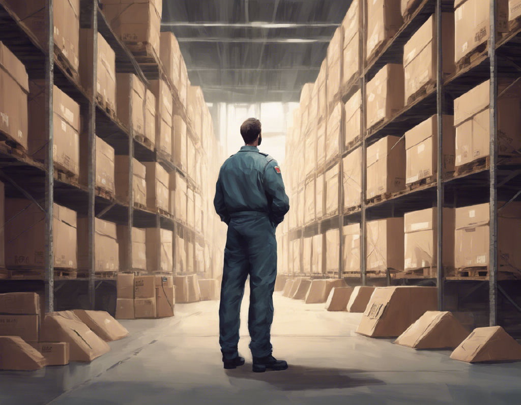 Мужчина в форме складского работника, смотрящий на большую стопку коробок
