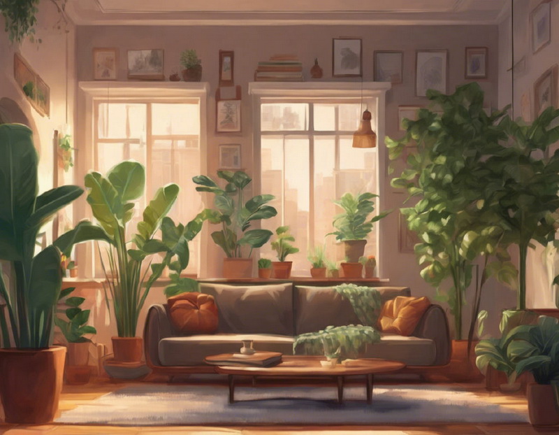Уютная комната с растениями, комфортной мебелью и картинами на стене