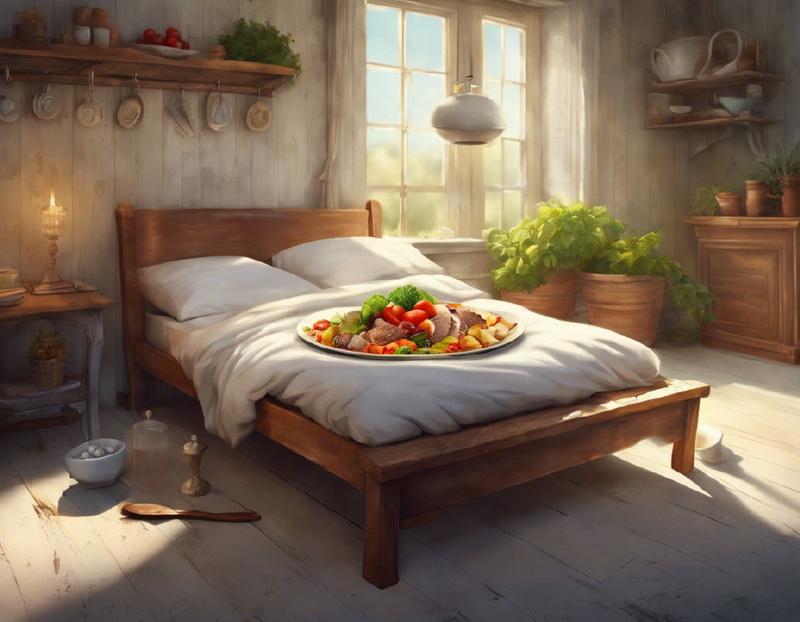 Здоровый обед и комфортная кровать, символизирующие правильное питание и хороший сон